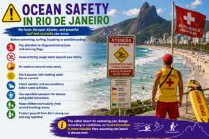 🏄 Rio De Janeiro Beach Adventures – Surfing, Swimming & Water Sports 14 Ocean safety in Rio de Janeiro with a lifeguard overlooking the Atlantic Ocean, warning flags, strong-current signs and beach safety guidance for swimmers, surfers, kayakers and paddleboarders.