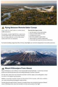 Aerial safari collage featuring a small aircraft flying above remote East African safari camps and rivers, with a dramatic aerial view of snow-capped Mount Kilimanjaro.