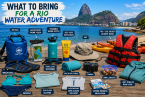 Rio water adventure gear arranged on a dock, including a dry bag, waterproof phone pouch, reusable water bottle, reef-safe sunscreen, hat, sunglasses, water shoes, quick-dry towel, camera, life jacket, swimsuit, snacks, and rain layer with kayaks and Rio’s mountains in the background.