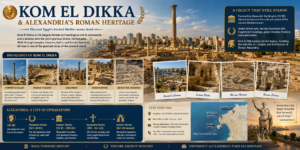 Kom El Dikka and Alexandria’s Roman heritage in Egypt featuring the ancient Roman theater, archaeological ruins, columns, Roman baths, mosaics, statues, and historic remains from Alexandria’s Greco-Roman past.