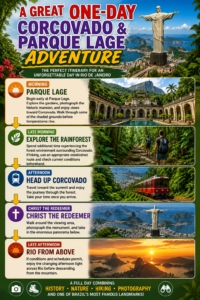 One-day Corcovado and Parque Lage adventure itinerary featuring Parque Lage gardens, rainforest hiking, the Corcovado train, Christ the Redeemer, and sunset views over Rio de Janeiro.