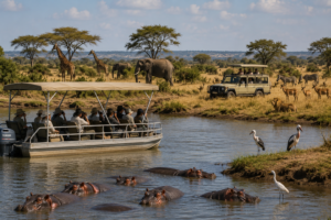 🌊 East Africa River Safaris – Wildlife, Boat Adventures & Scenic Waterways 14 East Africa safari combining a river boat cruise with a traditional 4×4 game drive, featuring hippos in the water and giraffes, elephants, zebras, antelope, a lion, and waterbirds across the surrounding savanna.