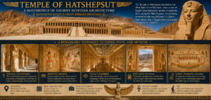 Temple of Hatshepsut at Deir el-Bahari near Luxor, Egypt, featuring its terraced architecture, colonnades, ancient reliefs, statues, and surrounding desert cliffs.