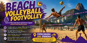🏄 Rio De Janeiro Beach Adventures – Surfing, Swimming & Water Sports 8 Beach volleyball and footvolley players competing on a sandy Rio de Janeiro beach, with colorful purple and yellow lettering and Rio’s mountains and coastline in the background.