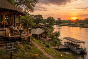 🌊 East Africa River Safaris – Wildlife, Boat Adventures & Scenic Waterways 15 Riverside safari lodge and tented camp in East Africa at sunset, featuring canvas safari tents, a lodge deck, safari boat dock, elephants along the opposite riverbank, and travelers relaxing beside the water.
