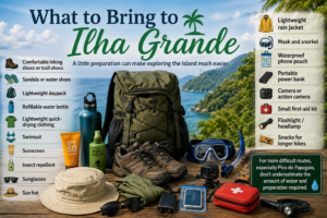 🏝️ Ilha Grande – Beaches, Rainforest Trails, Kayaking & Island Adventures 13 What to Bring to Ilha Grande travel gear checklist featuring hiking shoes, backpack, water bottle, sun protection, rain jacket, snorkeling gear, camera, first-aid kit, and other island adventure essentials.