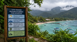 Ilha Grande weather and adventure planning sign overlooking a tropical bay with boats, rainforest-covered mountains and cloudy skies.