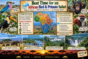African bird and primate safari infographic featuring colorful birds, chimpanzees, red colobus monkeys, elephants, rainforests, wetlands, savannas, and seasonal conditions across East, Southern, West, and Central Africa.