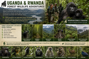 Uganda and Rwanda forest wildlife adventures featuring mountain gorilla trekking, tropical forests, bamboo trails, misty mountains, primates, and other forest wildlife.