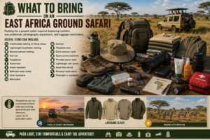 East Africa ground safari packing essentials featuring hiking shoes, lightweight clothing, backpack, binoculars, camera gear, sun protection, water bottle, rain jacket, power bank, headlamp, and first-aid supplies.