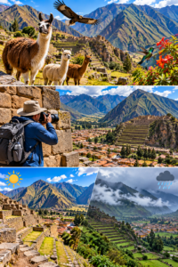 🏔️ Ollantaytambo Ruins & Sacred Valley Adventure Guide 6 Three-part collage showing Andean wildlife, photography at Ollantaytambo, and sunny and rainy weather conditions in Peru’s Sacred Valley