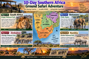 10-day Southern Africa ground safari itinerary map featuring Kruger National Park, Chobe, Hwange National Park, and Etosha National Park with lions, elephants, zebras, rhinos, and 4×4 safari adventures.