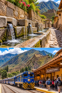 🏔️ Ollantaytambo Ruins & Sacred Valley Adventure Guide 5 ALT: Two-image collage showing ancient water channels in Ollantaytambo and a train journey through Peru’s Sacred Valley toward Machu Picchu