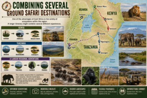 East Africa ground safari itinerary map showing routes through Kenya, Tanzania, Uganda, and Rwanda with Nairobi, Amboseli, Maasai Mara, Arusha, Ngorongoro, Serengeti, and primate destinations.