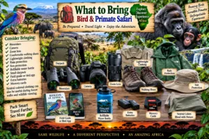 African bird and primate safari packing guide featuring binoculars, camera, zoom lens, walking shoes, lightweight clothing, rain jacket, sun hat, water bottle, daypack, field guide, batteries, and memory cards.