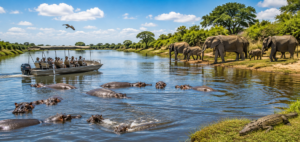 Southern Africa river safari with elephants, hippos, crocodile and travelers exploring a scenic wildlife-filled river by safari boat.