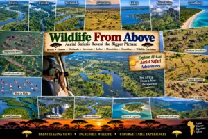 African aerial safari collage featuring rivers, forests, wetlands, savannas, lakes, mountains, coastlines, wildlife corridors, elephants, hippos, crocodiles, and birds viewed from above.
