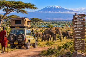 🚐 African Camper Safaris – Epic Road Trips, Wildlife & Camping Adventures 4 Kenya camper safari scene with a rooftop-tent 4×4, elephants, giraffes and zebras across the savanna with Mount Kilimanjaro in the background.