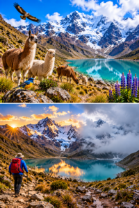 Humantay Lake & Andes Mountain Adventure Guide 6 Humantay Lake Andes nature and weather featuring llamas, alpacas, Andean birds, turquoise water, snow-covered mountains, and changing sunny and cloudy conditions.