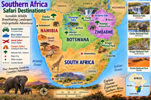 Southern Africa safari map showing South Africa, Botswana, Namibia, and Zimbabwe with Kruger, Chobe, Etosha, Hwange, Okavango Delta, Victoria Falls, and other major destinations.