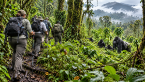 🦍 African Gorilla Trekking & Wildlife Adventures 2 Gorilla trekking group hiking through a lush African mountain rainforest with a family of gorillas nearby.