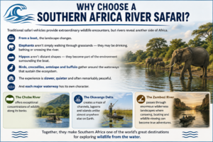 Southern Africa river safari with elephants along the water and scenic views of the Chobe River, Okavango Delta and Zambezi River.