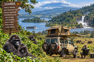 🚐 African Camper Safaris – Epic Road Trips, Wildlife & Camping Adventures 5 Uganda camper safari scene featuring a rooftop-tent 4×4, mountain gorillas, elephants, a boat safari, lush forests, lakes, mountains and a waterfall.