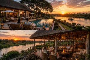 Southern Africa Aerial Safaris – Scenic Flights, Helicopters & Wildlife from Above 23 Luxury Southern Africa safari lodge beside a river at sunset, featuring an infinity pool, outdoor seating, open-air thatched lounge and travelers relaxing near the water.