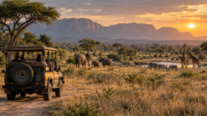 Southern Africa ground safari with a 4×4 vehicle overlooking elephants, giraffes, zebras, and other wildlife across the savanna at sunset.