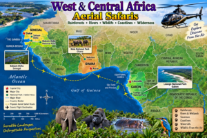 West and Central Africa aerial safari map highlighting Senegal, Ghana and Gabon with national parks, rivers and scenic flight destinations