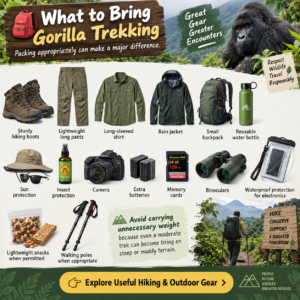 🦍 African Gorilla Trekking & Wildlife Adventures 11 Gorilla trekking packing essentials collage featuring hiking boots, lightweight clothing, rain jacket, backpack, water bottle, camera, binoculars, trekking poles, snacks, and protective outdoor gear.