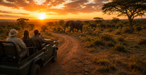 Southern Africa ground safari with travelers in an open 4×4 watching elephants cross the savanna at sunset.