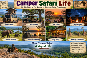 🚐 African Camper Safaris – Epic Road Trips, Wildlife & Camping Adventures 15 African camper safari life collage featuring scenic 4×4 drives, campsite setup, outdoor cooking, campfire nights, elephants, giraffes, riverside camping and safari lodge stays.