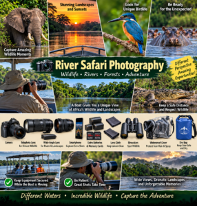 🌊 West & Central Africa River Safaris – Wildlife, Boat Adventures & Scenic Waterways 12 River safari photography collage featuring elephants, hippos, crocodiles, tropical birds, photographers on boats, cameras, telephoto and wide-angle lenses, binoculars, batteries, waterproof protection, and dry bags.
