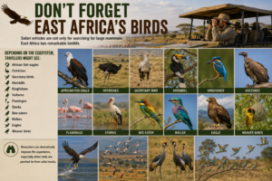 East Africa birdlife featuring African fish eagles, ostriches, secretary birds, hornbills, kingfishers, vultures, flamingos, storks, bee-eaters, rollers, eagles, and weaver birds.