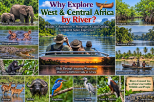 🌊 West & Central Africa River Safaris – Wildlife, Boat Adventures & Scenic Waterways 3 West and Central Africa river safari collage featuring forest elephants, hippos, crocodiles, monkeys, antelope, buffalo, kingfishers, herons, eagles, mangrove ecosystems, rainforest waterways, and traditional fishing communities.