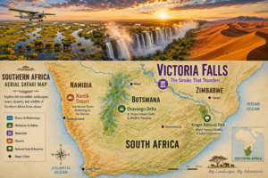 Southern Africa Aerial Safaris – Scenic Flights, Helicopters & Wildlife from Above 25 Southern Africa aerial safari map featuring Victoria Falls, the Okavango Delta, Namib Desert, Kruger National Park, elephants, wetlands and scenic flight landscapes.