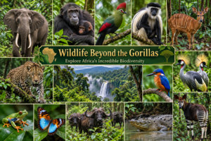 🦍 African Gorilla Trekking & Wildlife Adventures 8 Collage of African rainforest wildlife featuring gorillas, forest elephants, monkeys, colorful birds, antelope, reptiles, amphibians, butterflies, and other animals.