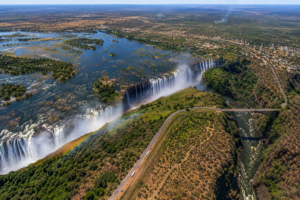Aerial view of Victoria Falls and the Zambezi River near Livingstone, Zambia, showing river channels, islands, rising mist, gorge and surrounding landscape.