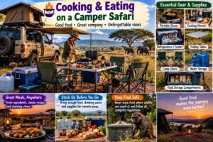 🚐 African Camper Safaris – Epic Road Trips, Wildlife & Camping Adventures 16 Camper safari outdoor cooking setup featuring a rooftop-tent 4×4, portable stove, cooler, folding table, camp chairs, water and food storage, with elephants in the savanna.