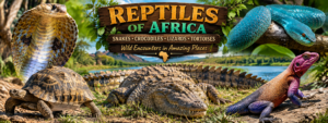 Reptiles of Africa hero image featuring a cobra, blue snake, crocodile, colorful lizard, and tortoise in a wild African landscape.