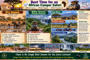 🚐 African Camper Safaris – Epic Road Trips, Wildlife & Camping Adventures 21 African camper safari seasons infographic comparing dry and rainy conditions across East Africa, Southern Africa, and West and Central Africa, with wildlife, 4×4 campers, muddy roads, rivers, waterfalls and migratory birds.