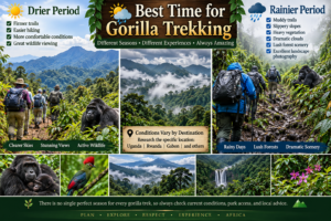 🦍 African Gorilla Trekking & Wildlife Adventures 10 Best time for gorilla trekking collage comparing dry and rainy rainforest conditions with hikers, gorillas, mountains, waterfalls, and tropical wildlife.