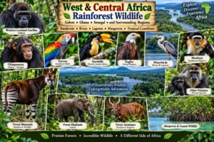 West and Central Africa rainforest wildlife collage featuring western lowland gorillas, chimpanzees, monkeys, parrots, hornbills, eagles, waterbirds, forest elephants, and other forest mammals.