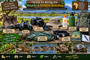 Reptile and wildlife watching gear including hiking boots, binoculars, camera, sun hat, sunscreen, reusable water bottle, daypack, rain protection, and headlamp.