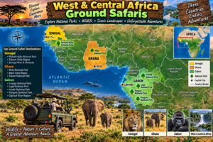 🚙 West & Central Africa Ground Safaris – 4×4 Adventures, Walking Safaris & Wildlife Exploration 22 Map of West and Central Africa ground safari destinations highlighting Senegal, Ghana and Gabon