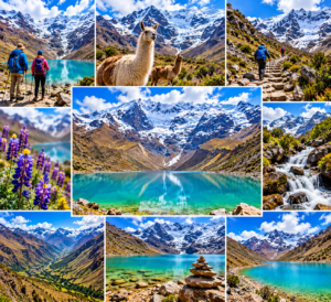 Humantay Lake & Andes Mountain Adventure Guide 2 Colorful travel collage showcasing Humantay Lake and the surrounding Peruvian Andes, with brilliant turquoise water, snow-covered mountains, hikers exploring rocky trails, llamas in the highlands, alpine wildflowers, waterfalls, and sweeping mountain valleys. The scenery highlights the hiking, photography, wildlife, and outdoor adventures that make Humantay Lake an incredible addition to a Cusco and Machu Picchu vacation.