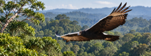 Crowned eagle soaring above a dense African forest with broad wings extended.