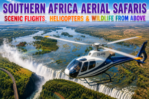 Southern Africa Aerial Safaris featuring a helicopter flying above Victoria Falls and the Zambezi River, highlighting scenic flights, helicopters and wildlife adventures from above.