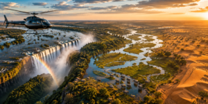Southern Africa Aerial Safaris – Scenic Flights, Helicopters & Wildlife from Above 2 Aerial view of Southern Africa featuring a helicopter above Victoria Falls, a rainbow in the mist, winding wetlands, elephants and vast golden landscapes.